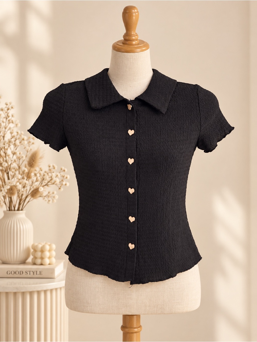 SHEIN Black Short Sleeve Collared Knit Top with Heart Buttons